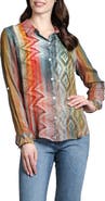 APNY Abstract Print Roll Tab Sleeve Chiffon Button-Up Shirt