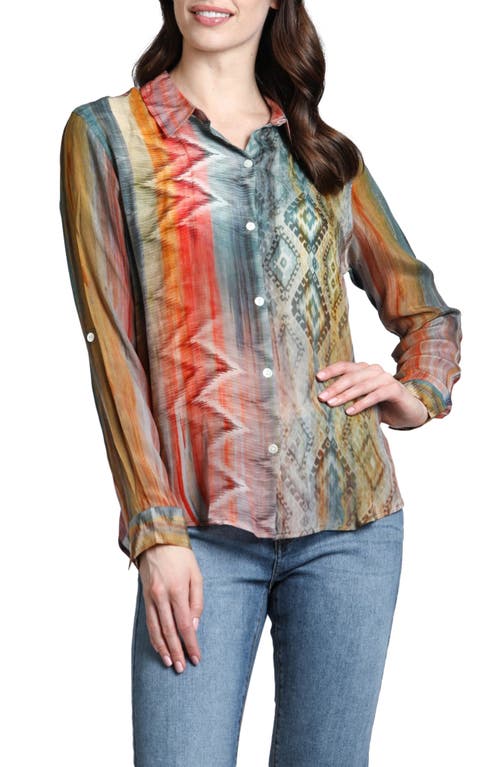 APNY Abstract Print Roll Tab Sleeve Chiffon Button-Up Shirt in Rust Multi  product