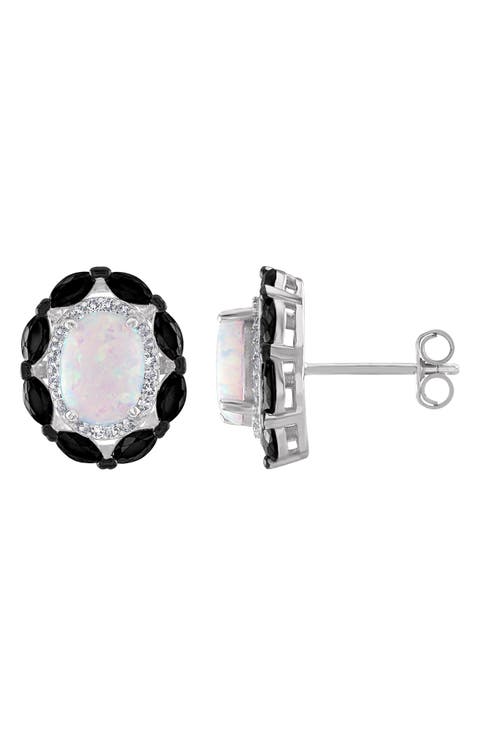 Opal, Lab Created White Sapphire & Onyx Stud Earrings