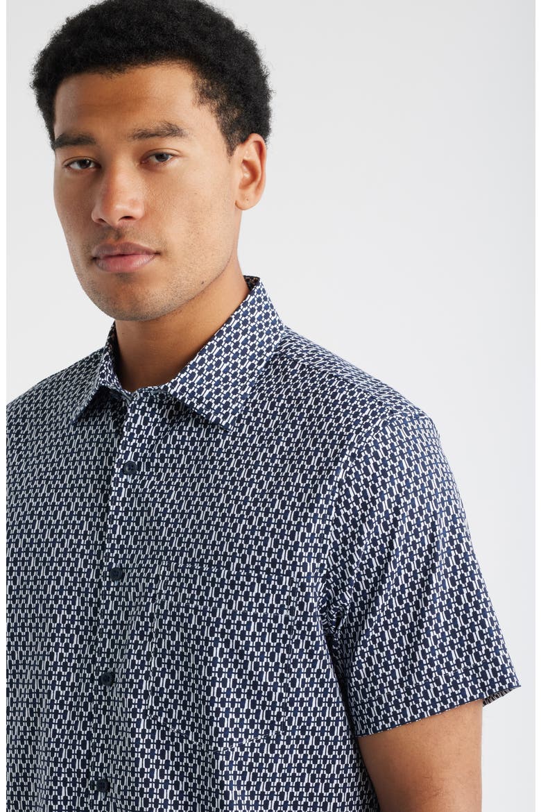 Check Short Sleeve Stretch Button-Up Shirt, Alternate, color, NAVY PAINTED CHECK