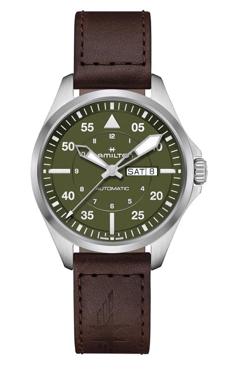 Khaki Aviation Leather Strap Watch, 42mm