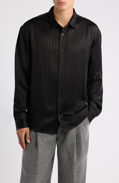 Relaxed Fit Button-Up Pile Stripe Shirt