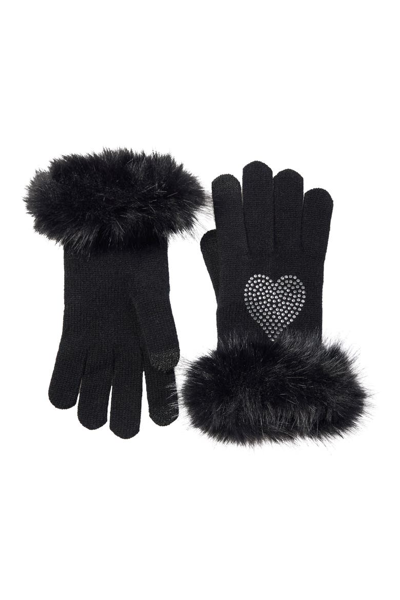 Rhinestone Heart Cashmere Faux Fur Cuffed Gloves, Main, color, BLACK