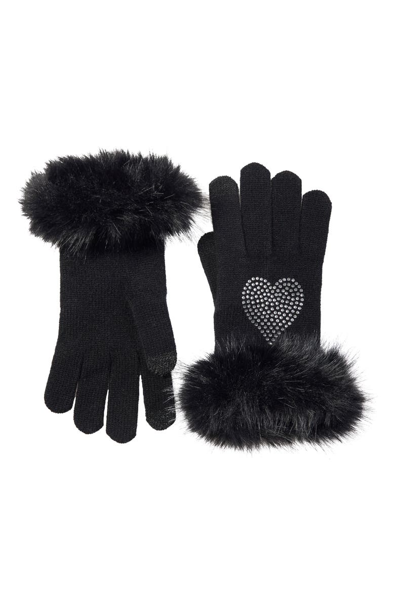 Sofia Cashmere Rhinestone Heart Cashmere Faux Fur Cuffed Gloves, Main, color, Black