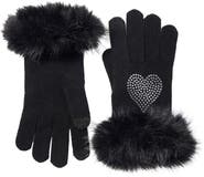 Sofia Cashmere Rhinestone Heart Cashmere Faux Fur Cuffed Gloves
