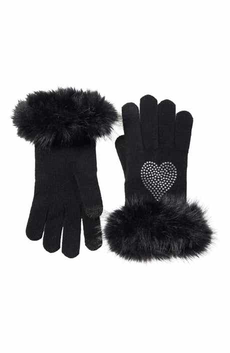 Sofia Cashmere Rhinestone Heart Cashmere Faux Fur Cuffed Gloves