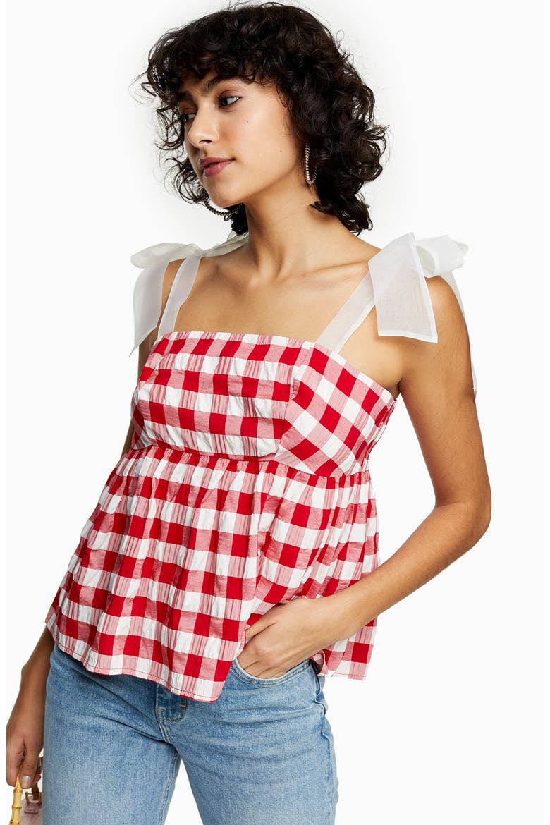 Gingham Tie Shoulder Tank Top, Alternate, color, RED MULTI