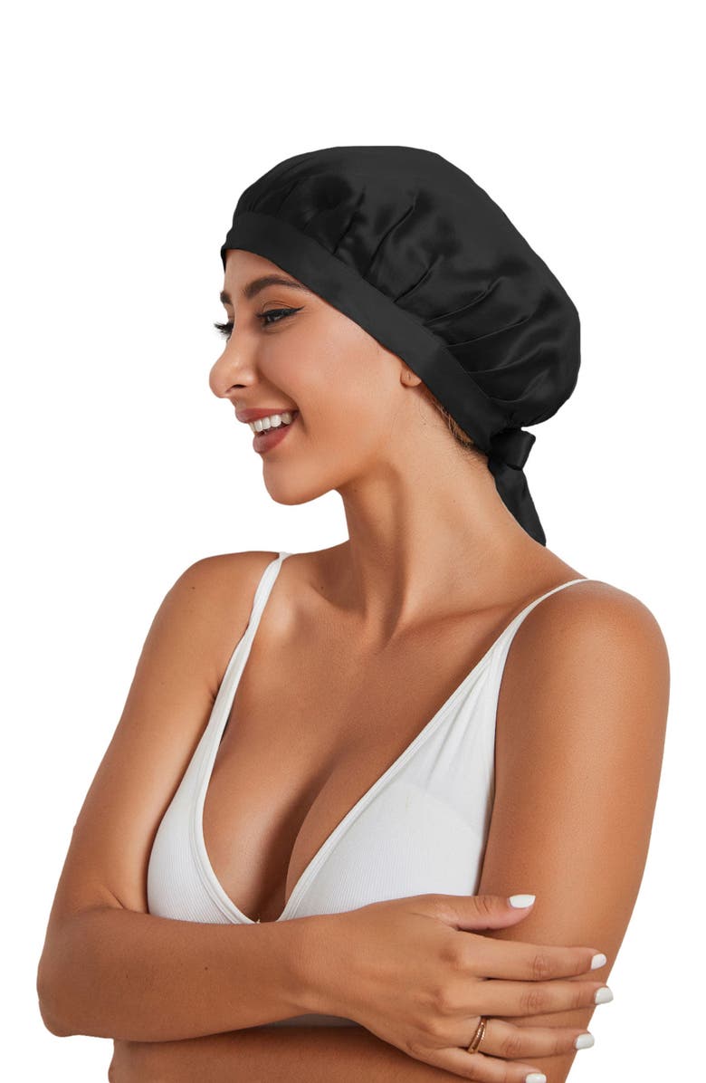 SILKSILKY Pure Silk Classic Ribbon Bonnet, Alternate, color, Black