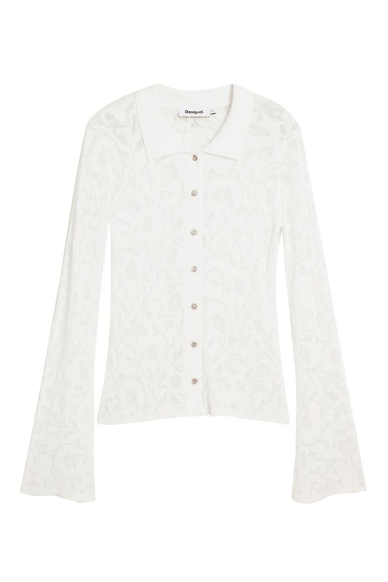 Floral Jacquard Sheer Button-Up Shirt, Alternate, color, OFF WHITE
