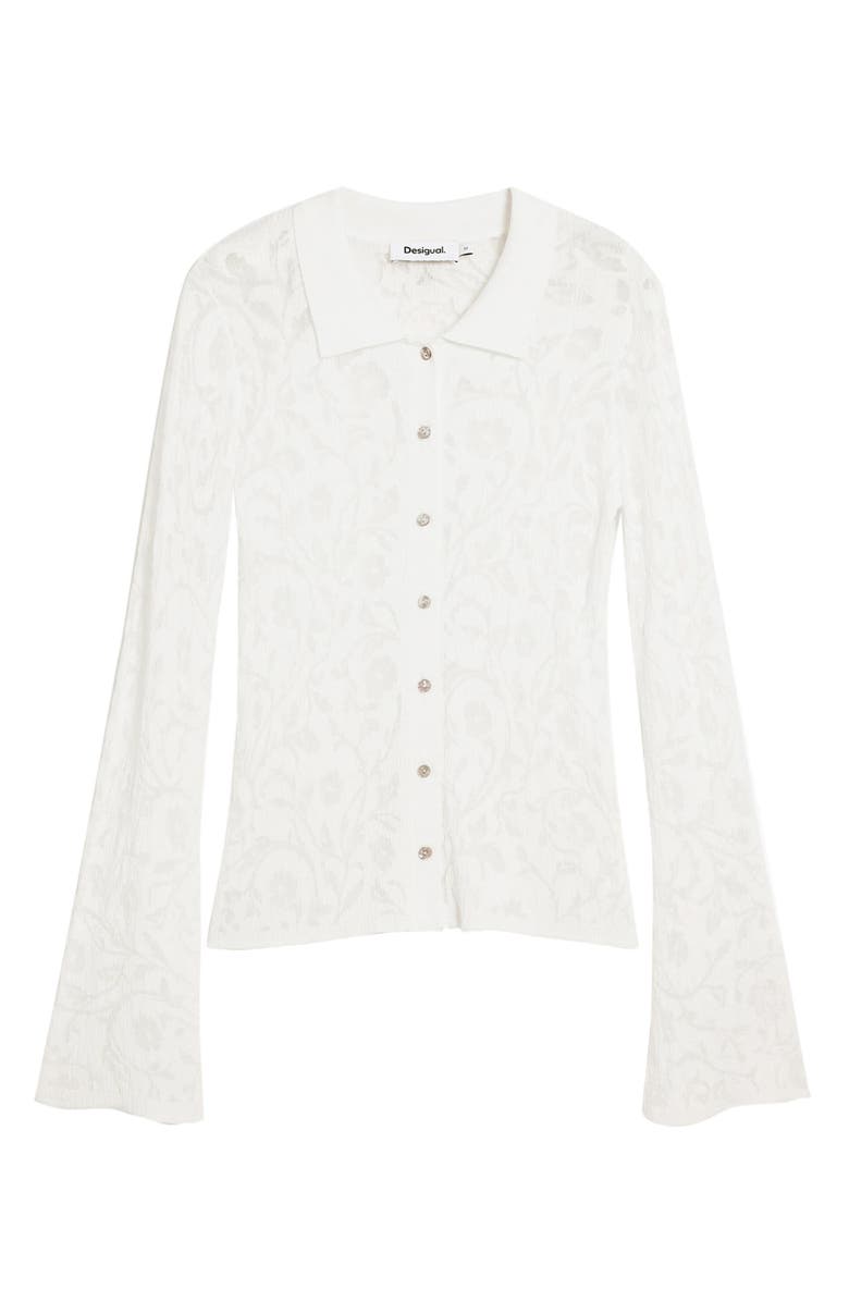 Desigual Floral Jacquard Sheer Button-Up Shirt, Alternate, color, Off White