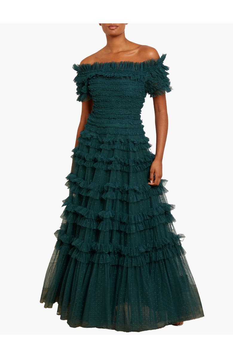 Needle & Thread Lisette Ruffle Off Shoulder Gown, Main, color, Emerald