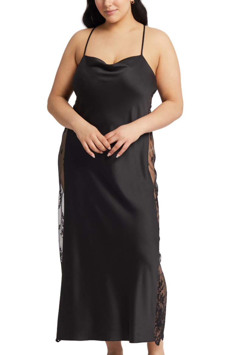 Darling Satin & Lace Nightgown, Main, color, BLACK