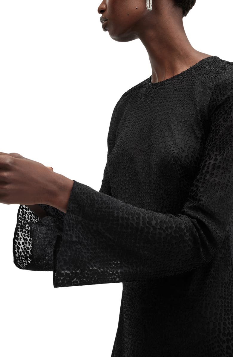 AllSaints Jada Animal Print Long Sleeve Silk Midi Dress, Alternate, color, Black