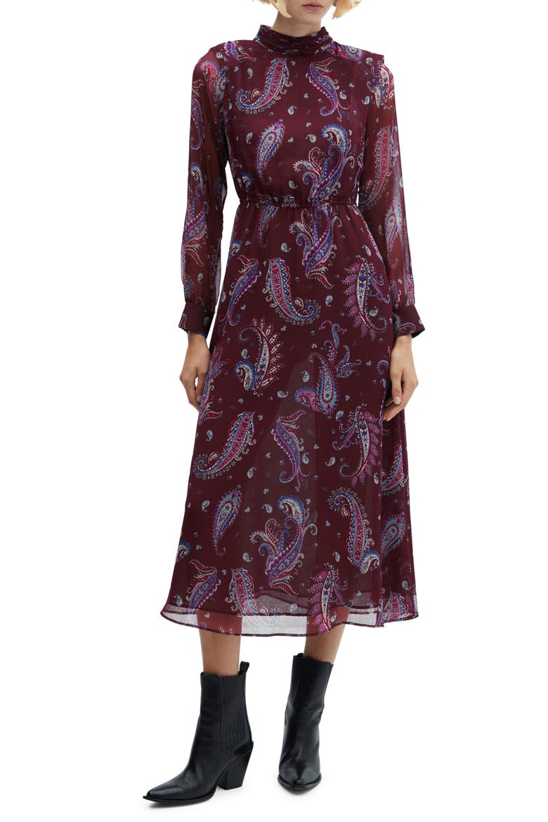 Paisley Print Long Sleeve Chiffon Midi Dress, Main, color, MAROON