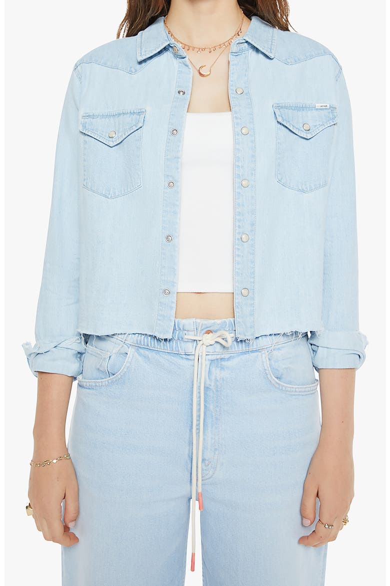 The Super Exes Frayed Step Hem Crop Snap-Up Denim Shirt, Main, color, NO END IN SIGHT