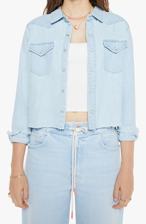 The Super Exes Frayed Step Hem Crop Snap-Up Denim Shirt