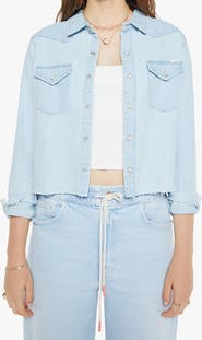 MOTHER The Super Exes Frayed Step Hem Crop Snap-Up Denim Shirt