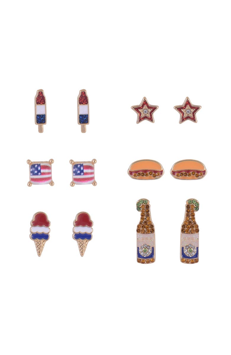 Hallmark 6 pack 4th of July BBQ Theme Stud Earring Set, Alternate, color, Red