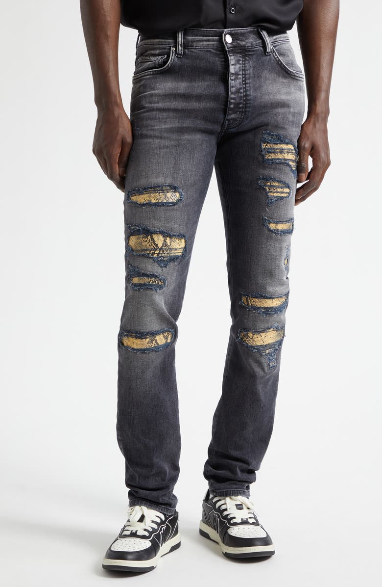 AMIRI Snake Thrasher Ripped & Repaired Stretch Denim Skinny Jeans, Main, color, Storm Black