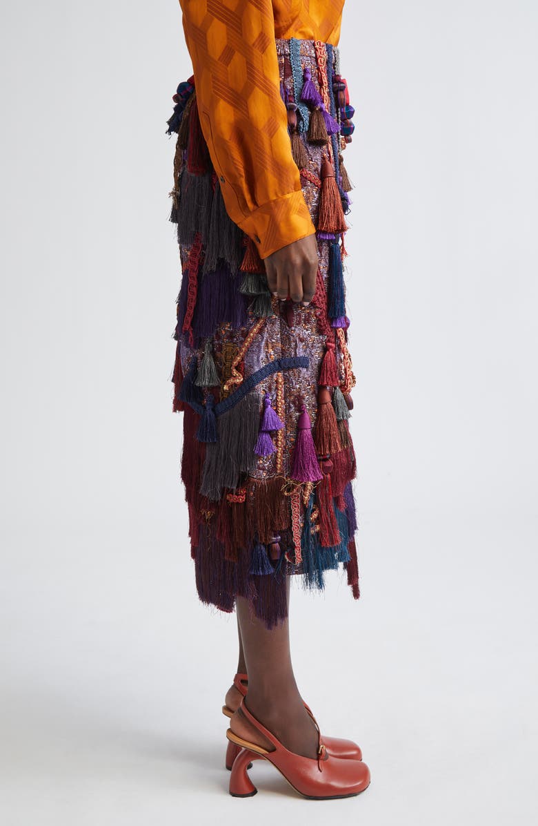 Dries Van Noten Sokna Tassel Trim Cloqué, Fringe & Tweed Midi Skirt, Alternate, color, Burgundy