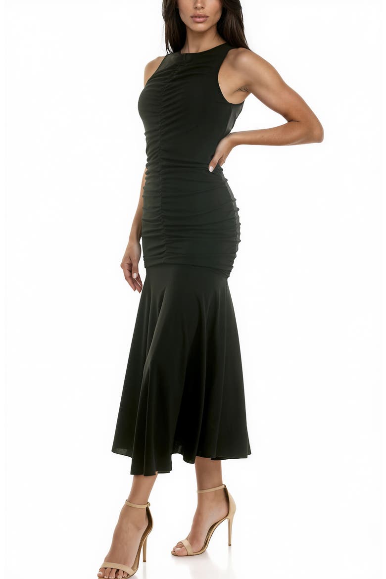 Ruched Bodice Midi Dress, Alternate, color, BLACK