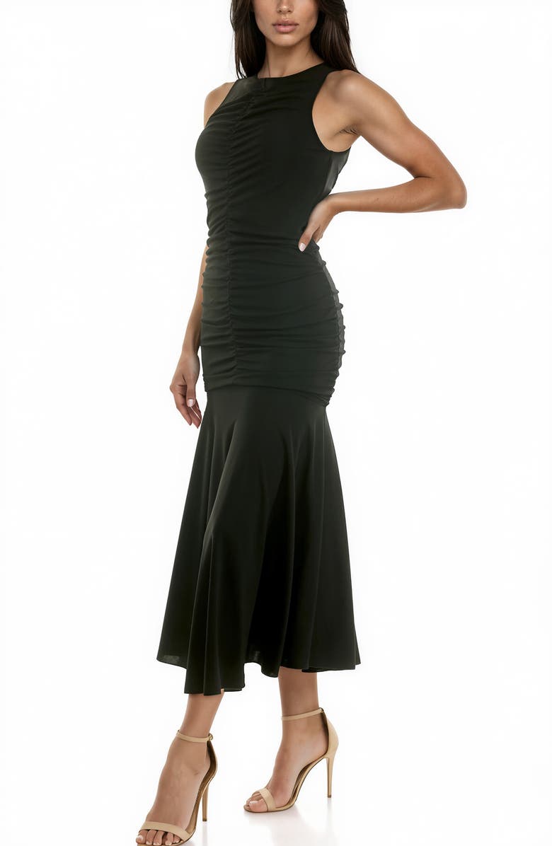 Socialite Ruched Bodice Midi Dress, Alternate, color, Black