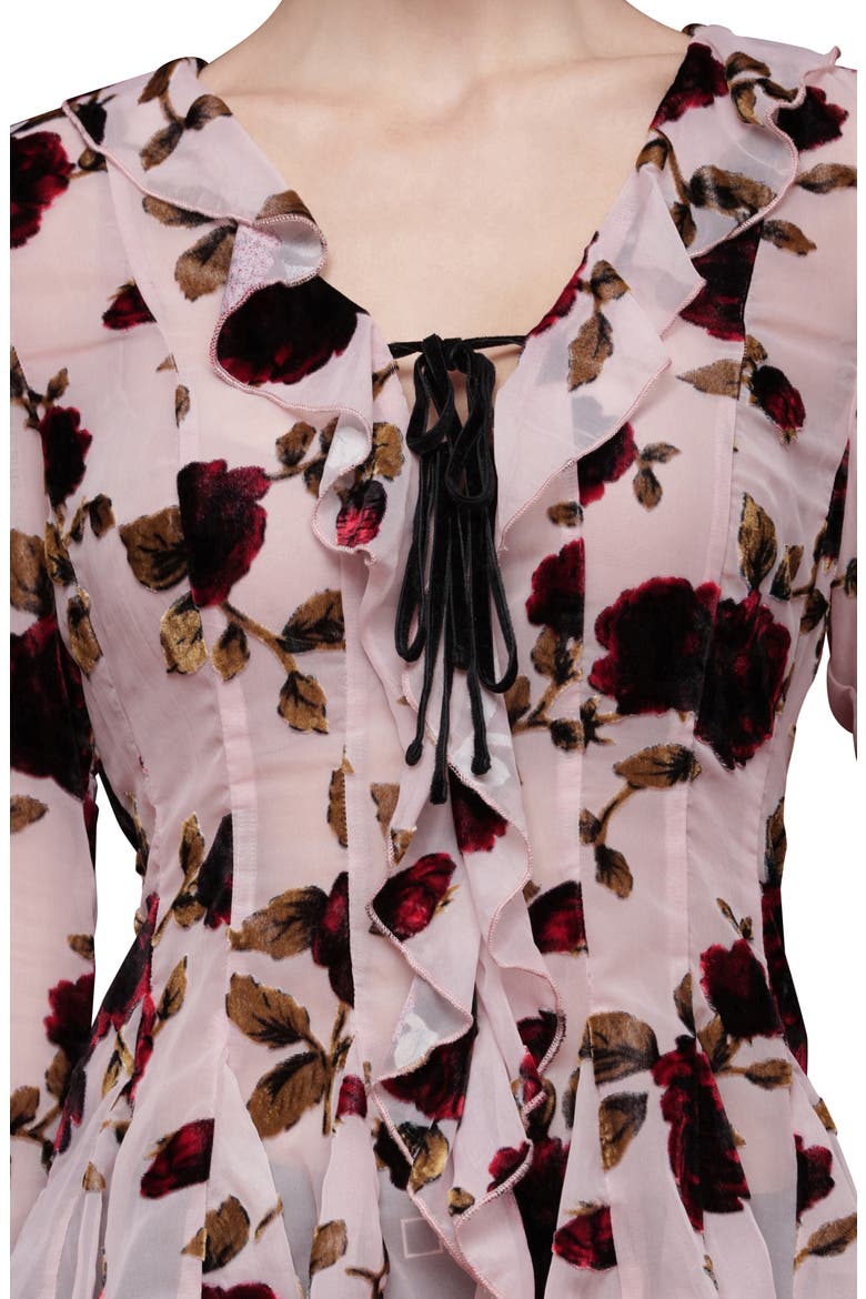 Ruffle Trim Floral Print Shirt, Alternate, color, ROSE BURNOUT