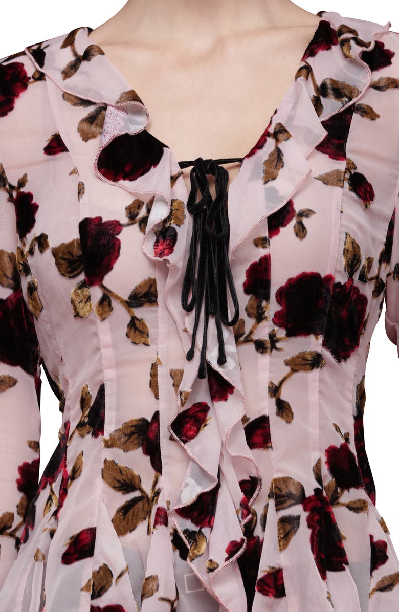 Avec Les Filles Ruffle Trim Floral Print Shirt, Alternate, color, Rose Burnout