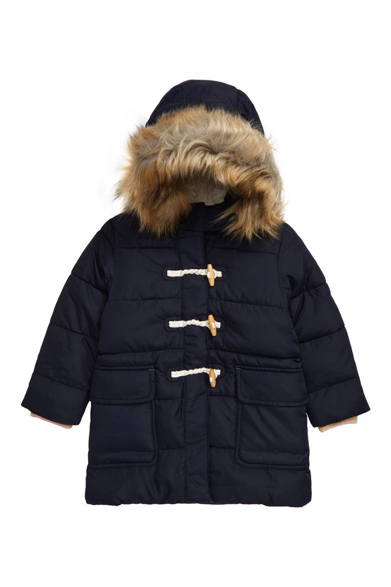 Longline Padded Jacket with Faux Fur Trim Hood, Main, color, NAV NAVY