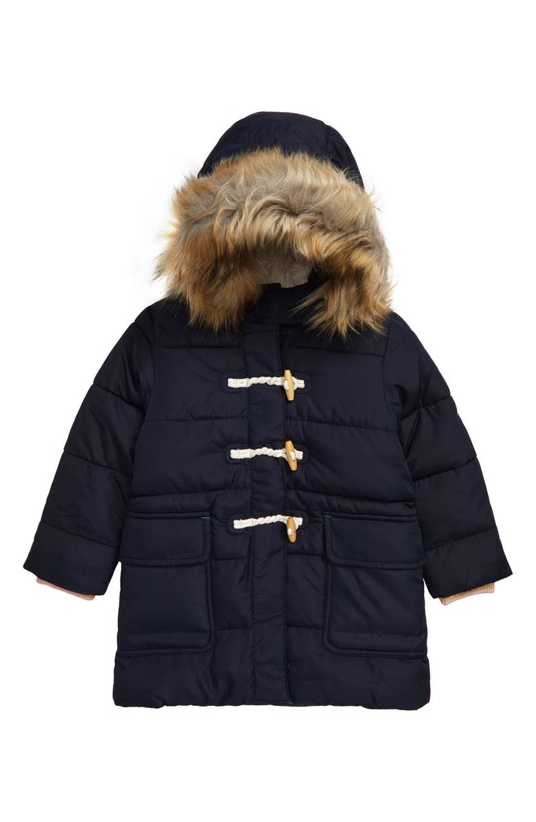 Mini Boden Longline Padded Jacket with Faux Fur Trim Hood, Main, color, 