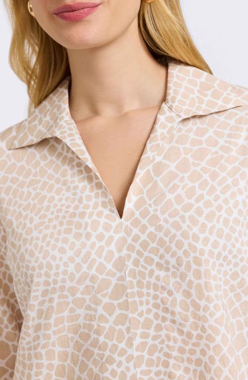 Foxcroft Agnes Print Three-quarter Sleeve Popover Top In Flax White