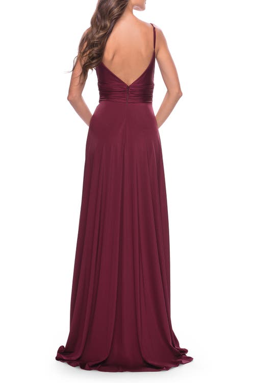 La Femme Versatile Long Jersey Gown With V And Slit In Dark Berry