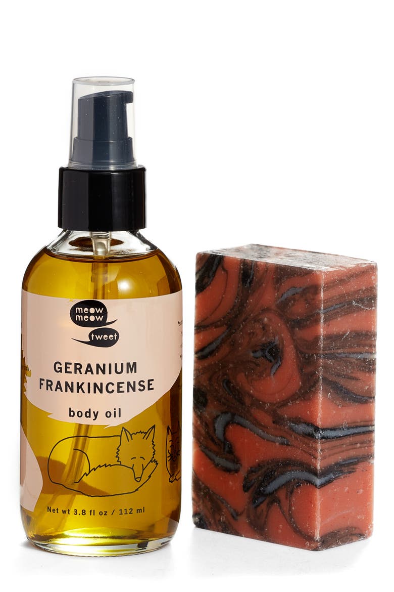 x  Meow Meow Tweet Geranium Frankincense Body Oil & Rose Charcoal Bar Soap, Main, color, GERMANIUM