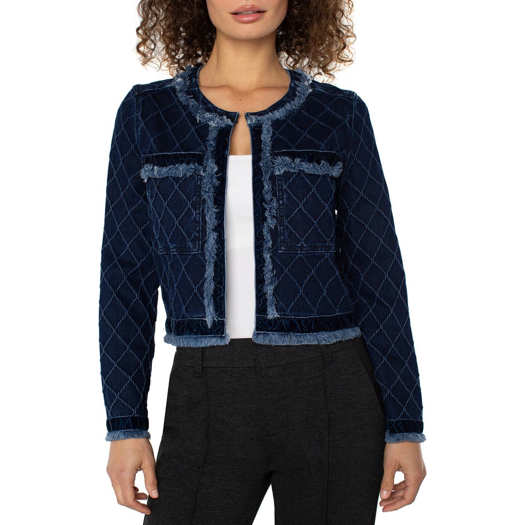 Liverpool Los Angeles Frayed Velvet Trim Denim Jacket In Blue