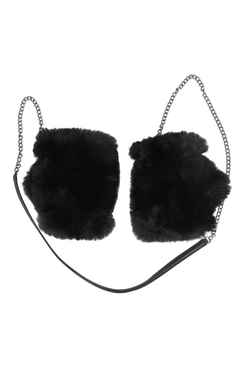 Faux Fur Fingerless Gloves On A Chain, Main, color, BLACK