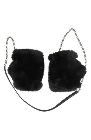 Kurt Geiger London Faux Fur Fingerless Gloves On A Chain In Black