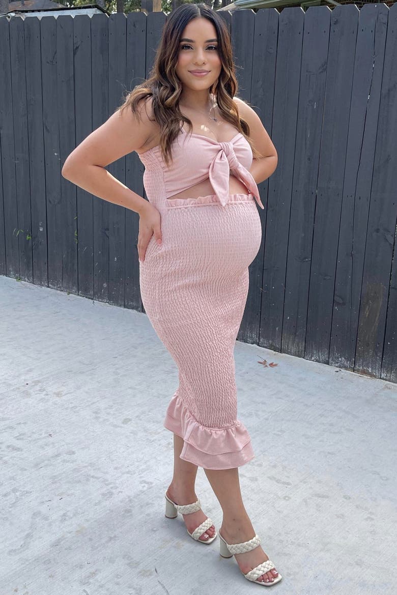 Gingham Print Smocked Fitted Self-Tie Midi Dress, Alternate, color, Mauve