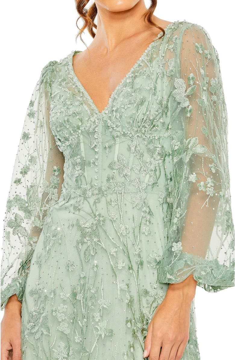Mac Duggal V Neck Puff Sleeve A Line Embroidered Gown, Alternate, color, Sage