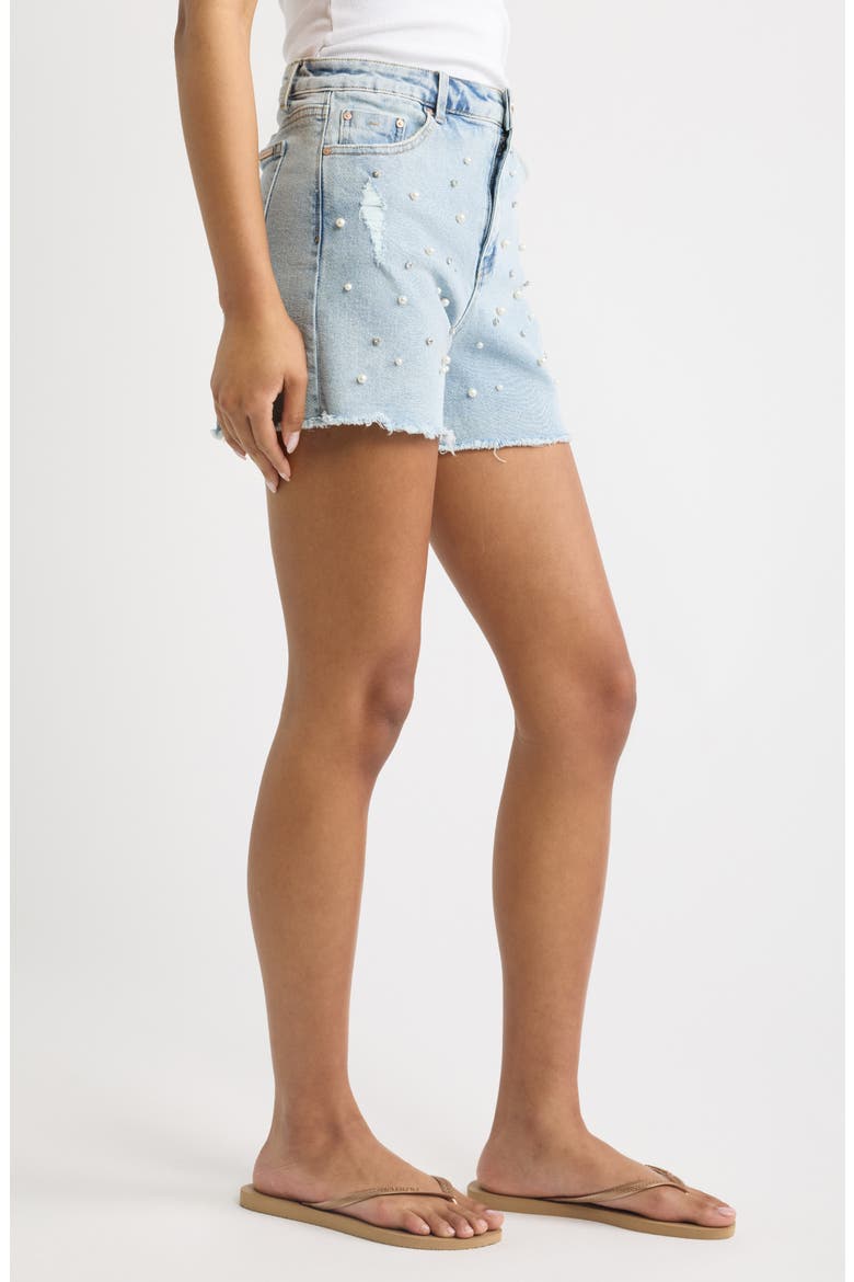Imitation Pearl and Crystal Denim Cutoff Shorts, Alternate, color, LIGHT INDIGO