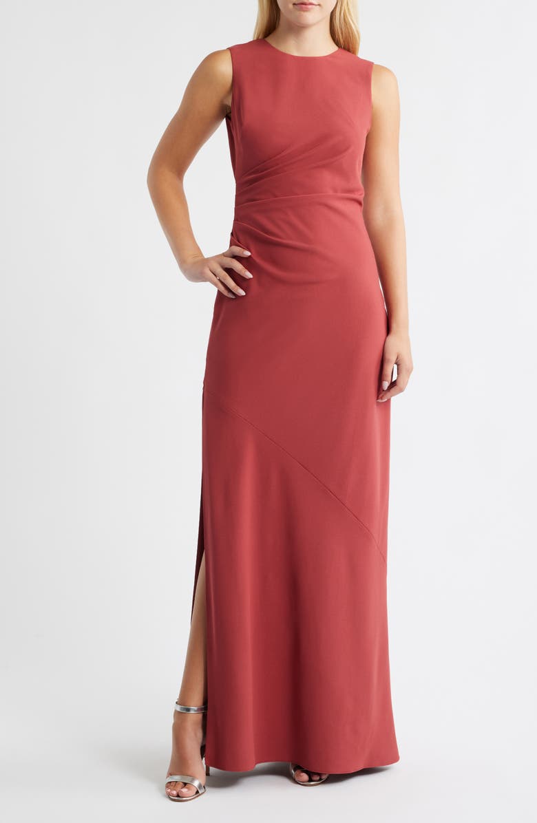 Amsale Taro Ruched Sleeveless Gown, Main, color, Cayenne