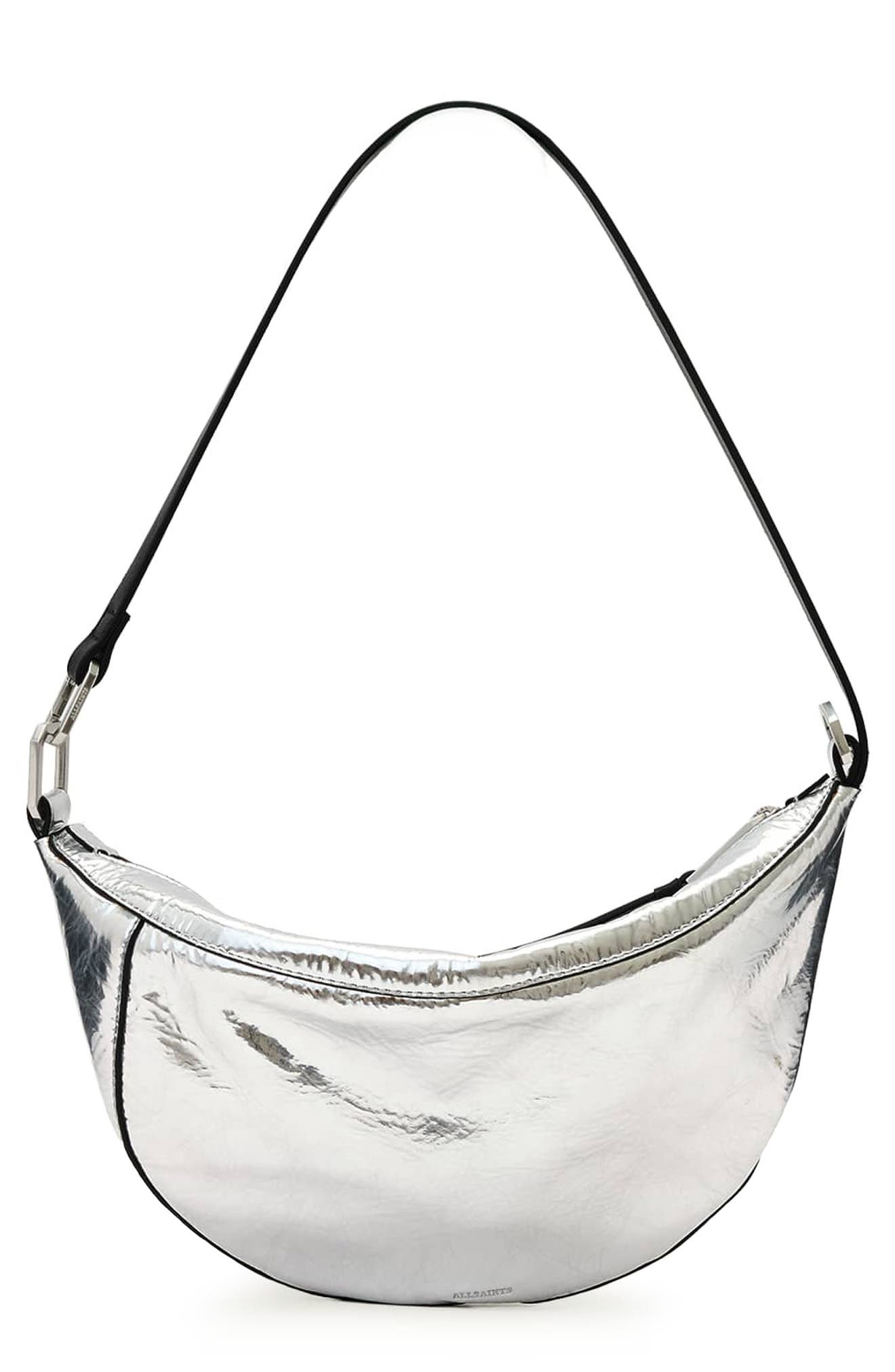 AllSaints Luna Micro Metallic Lambskin Leather Bag, Main, color, Foggy Silver