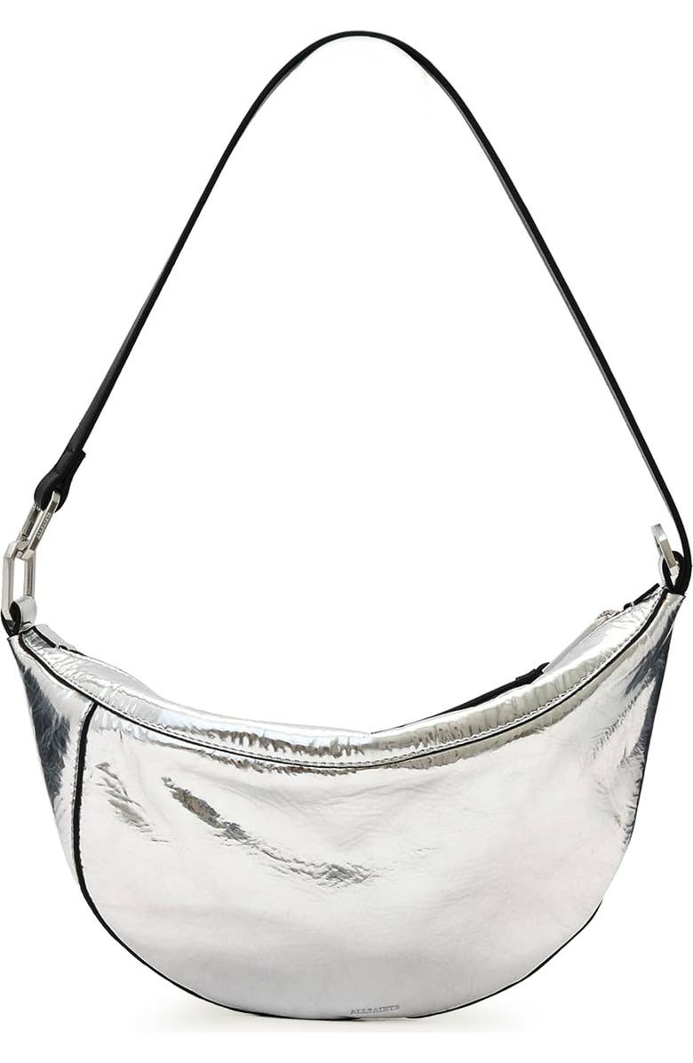 AllSaints Luna Micro Metallic Lambskin Leather Bag, Main, color, Foggy Silver