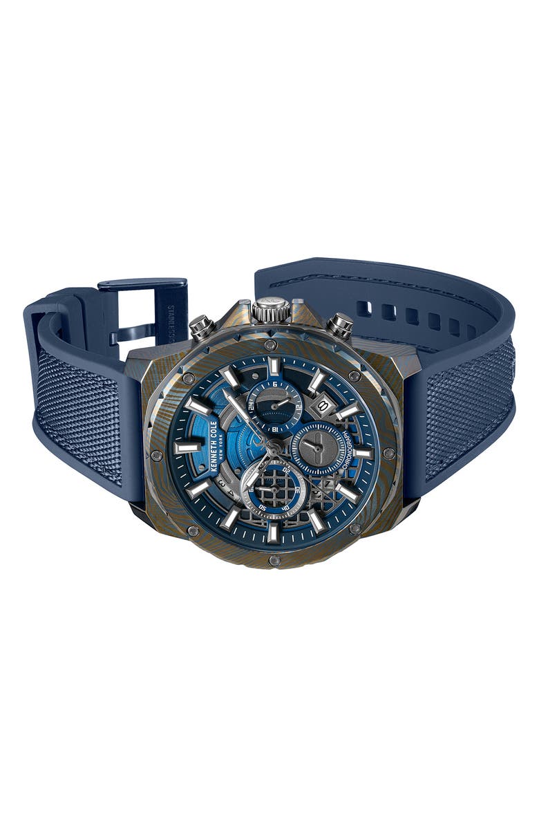 Kenneth Cole New York The Hollis Blue Chronograph Silicone & Nylon Strap Watch, 45mm, Alternate, color, Navy / Blue Dark
