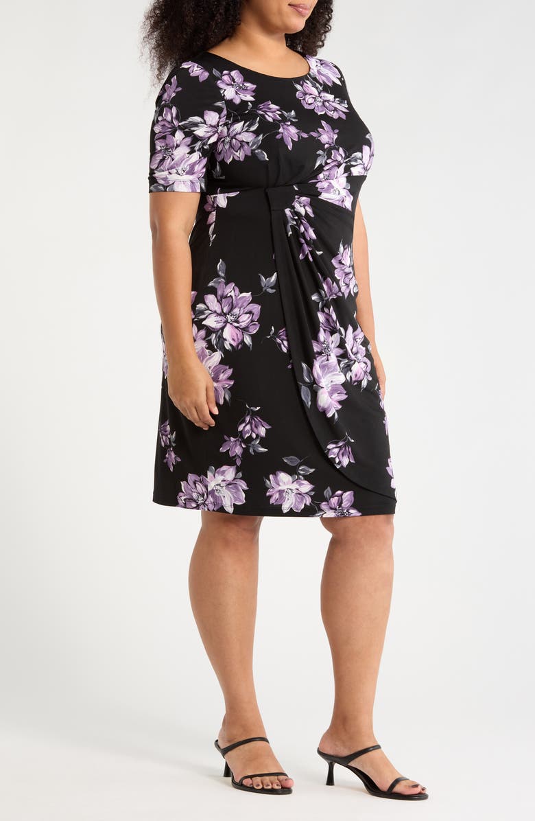 Connected Apparel Floral Print Faux Wrap Dress, Alternate, color, Black