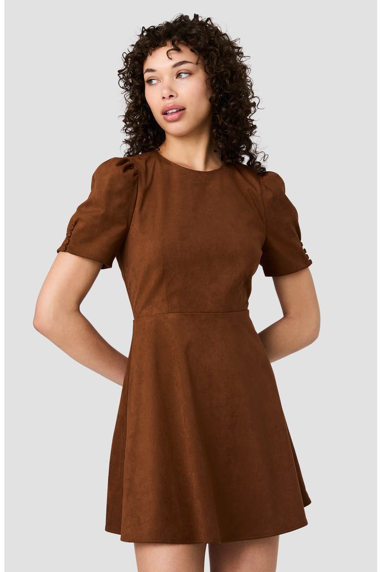Sonja Short Sleeve Faux Suede Fit & Flare Minidress, Alternate, color, CHESTNUT BROWN