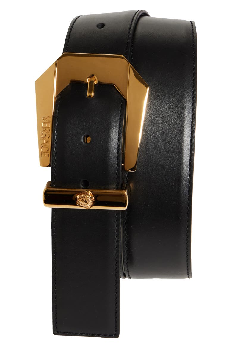 Western Buckle Leather Belt, Main, color, BLACK/ GOLD