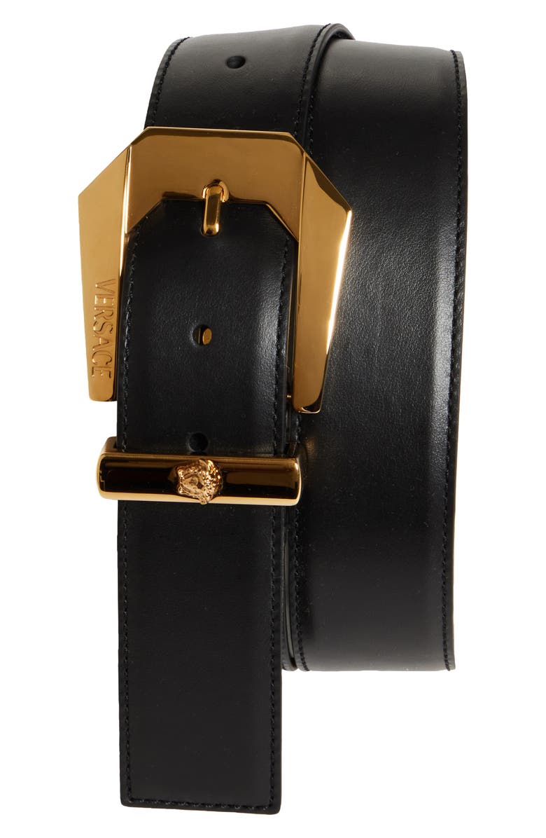 Versace Western Buckle Leather Belt, Main, color, Black/ Gold