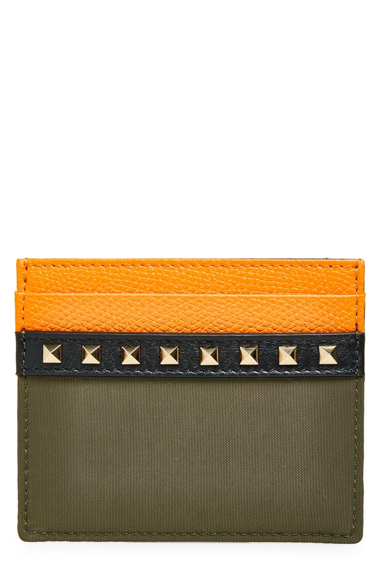 Studded Leather & Textile Card Case, Main, color, GREEN