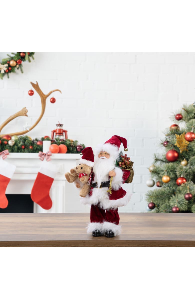 Northlight 12" Traditional Santa Claus Christmas Figure with Teddy Bear and Gift Bag, Alternate, color, Red