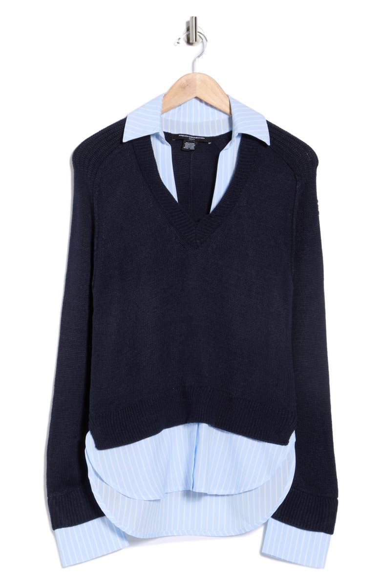French Connection Babysoft Mixed Media Twofer Sweater, Alternate, color, Navy Blue/ White